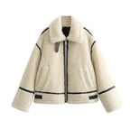 Women's Faux Fur Moto Jacket with Contrast Trim and Zip Front - 2