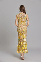 Women's Midi Dress Floral Appliqué with High Neckline and Sheer Sleeves - 8