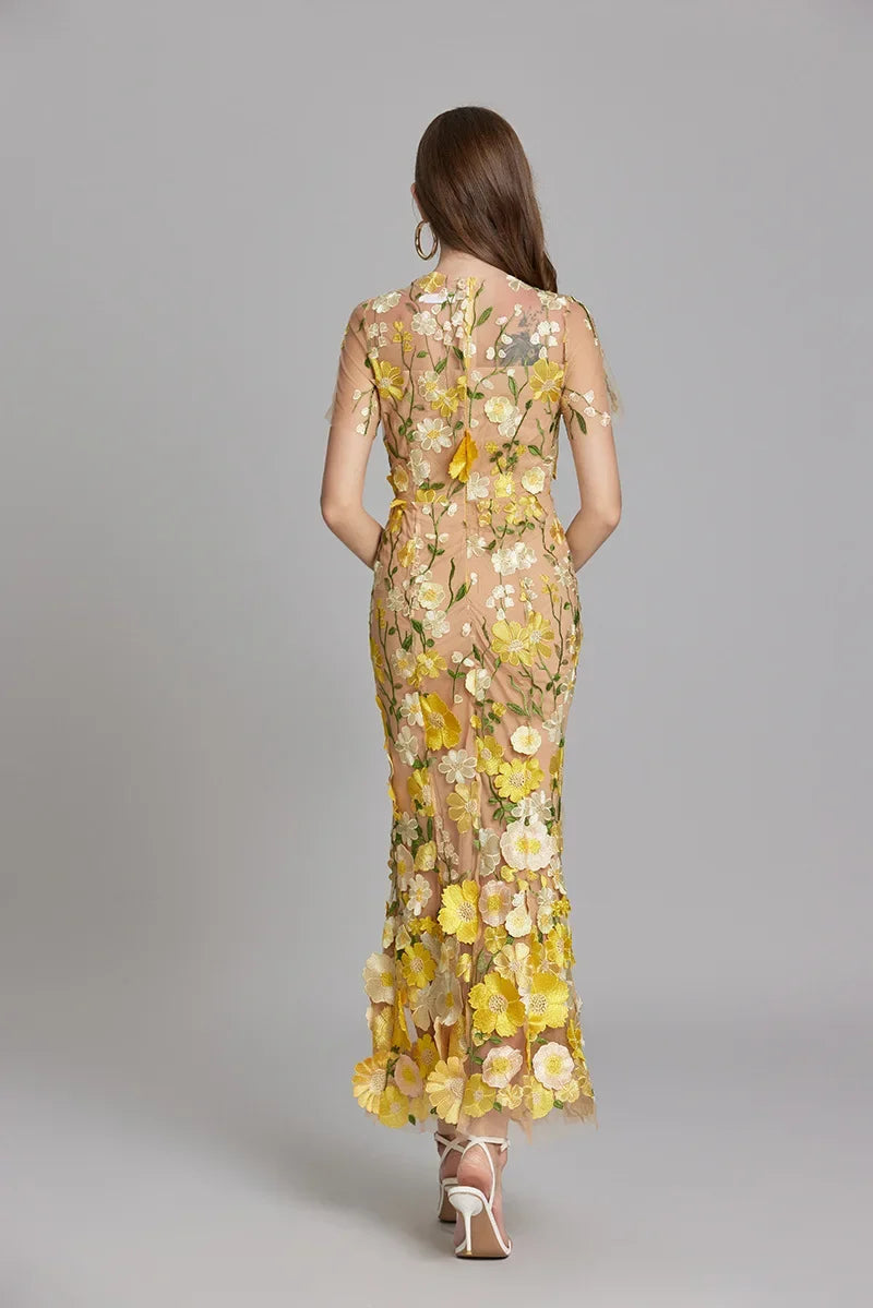 Women's Midi Dress Floral Appliqué with High Neckline and Sheer Sleeves - 8