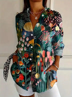 Women Floral Print Button-Up Blouse with Classic Collar and Long Sleeves - Green