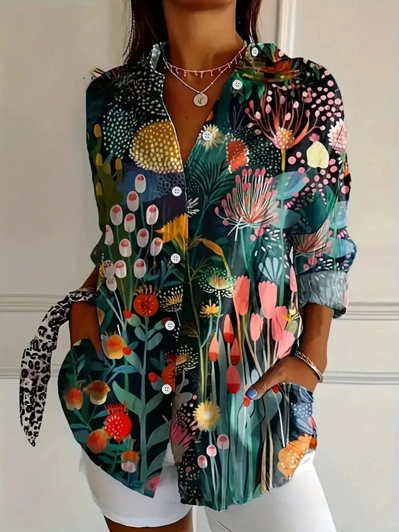 Women's Blouse Long Sleeve with V-Neck and Floral Print - Green