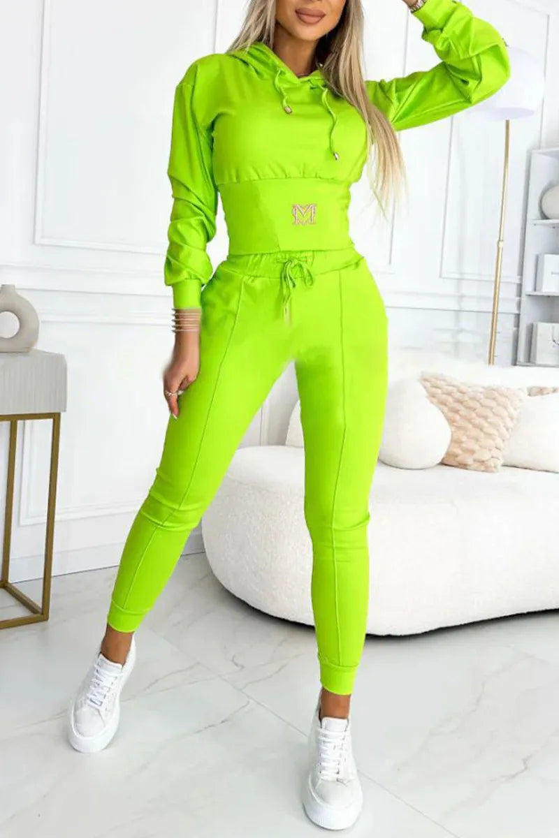 Women's Hooded Two-Piece Tracksuit with Cropped Top and Skinny Joggers - Lime Green
