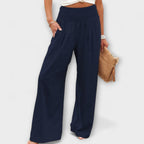 Women's Wide Leg Trousers with Mid-Rise Waistband - Blue