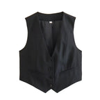 Women's Cropped Tailored Vest with Button Front and V-Neck - Black