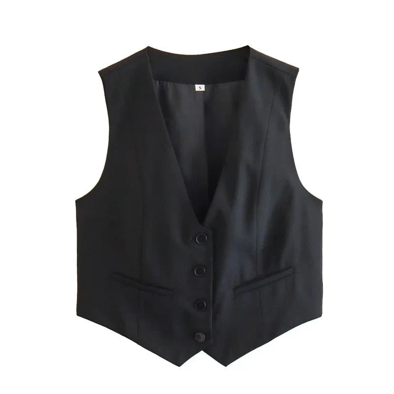Women's Cropped Tailored Vest with Button Front and V-Neck - Black