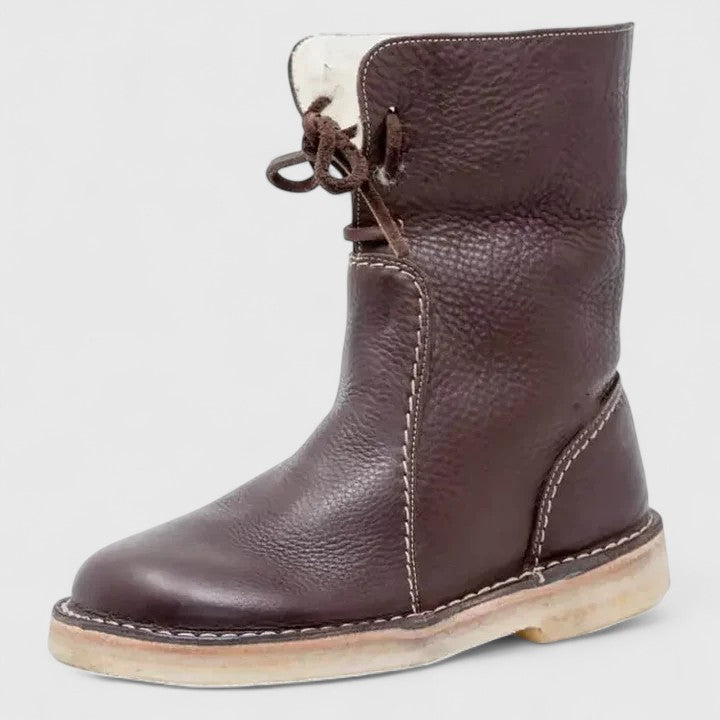 Women's Ankle Boots with Fleece Trim and Lace-Up Front - Dark Brown