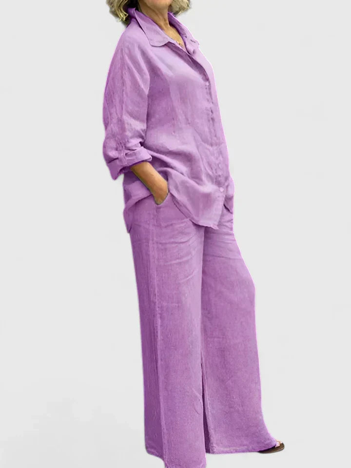 Women's Two-Piece Set Long Sleeve Shirt with Wide-Leg Trousers - Purple
