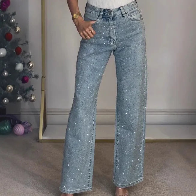 Women's High-Waist Straight-Leg Jeans with Diamante Detailing - 3