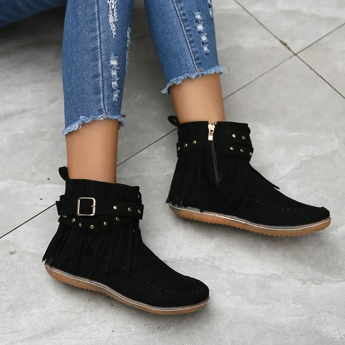 Women's Ankle Boots with Fringe and Studs, Western Boho Style - 11