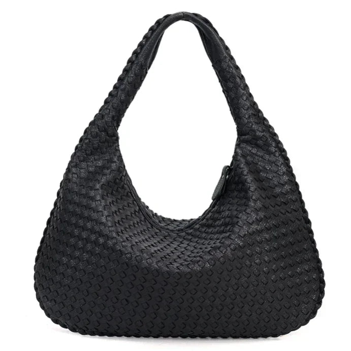 Women's Shoulder Bag with Woven Braided Texture - Black