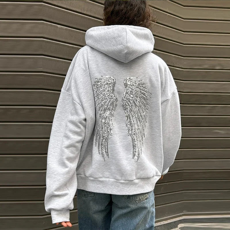 Women's Hoodie with Sequin Angel Wing Back Print - 4
