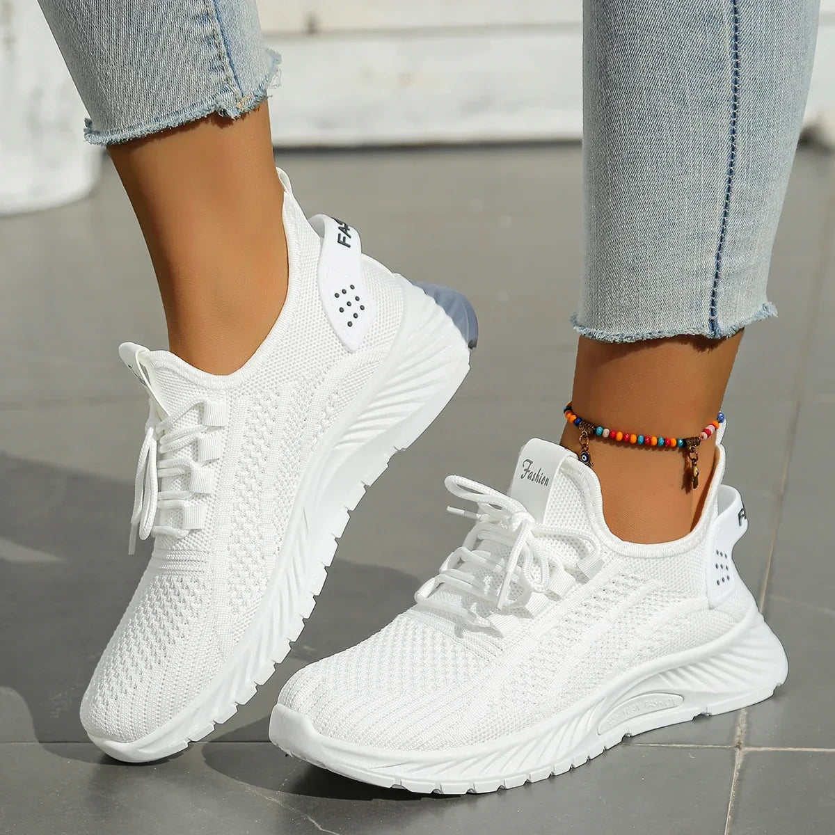 Women's Knit Trainers with Lace-Up Front and Flexible Sole - White