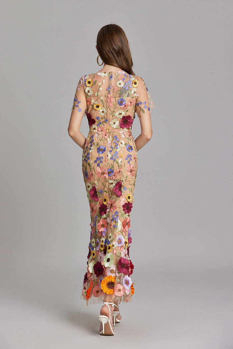 Women's Midi Dress Floral Appliqué with High Neckline and Sheer Sleeves - 13