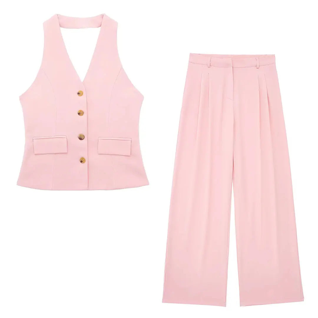 Women Halter Waistcoat and Trouser Co-ord Set with Wide Leg - Pink