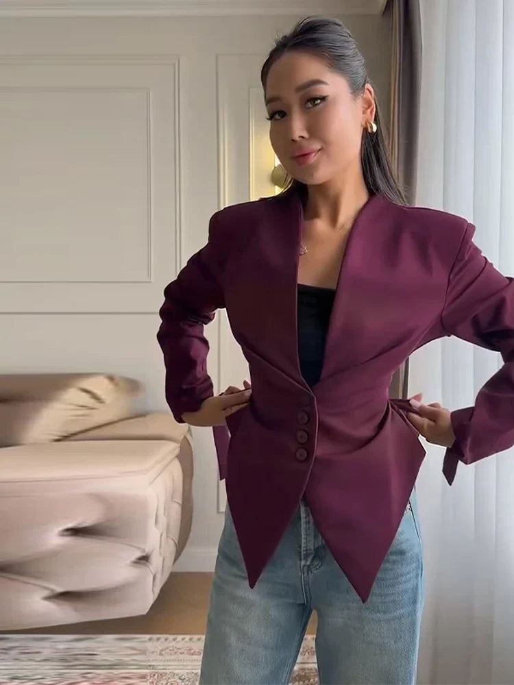 Women's Pleated Blazer Jacket with Wrap Front and Button Detail - 6