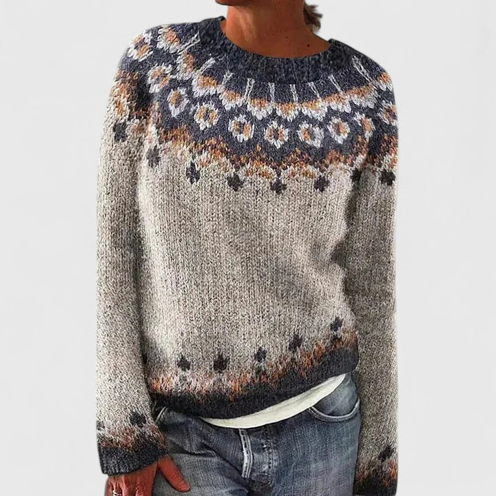 Women's Jumper Long Sleeve with Fair Isle Pattern and Round Neck - Dark Grey