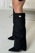 Women's Knee High Boots with Pointed Toe and Straight Shaft - Black Suede