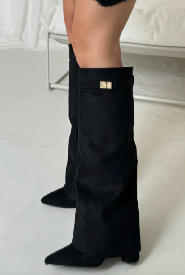 Women's Knee High Boots with Pointed Toe and Straight Shaft - Black Suede