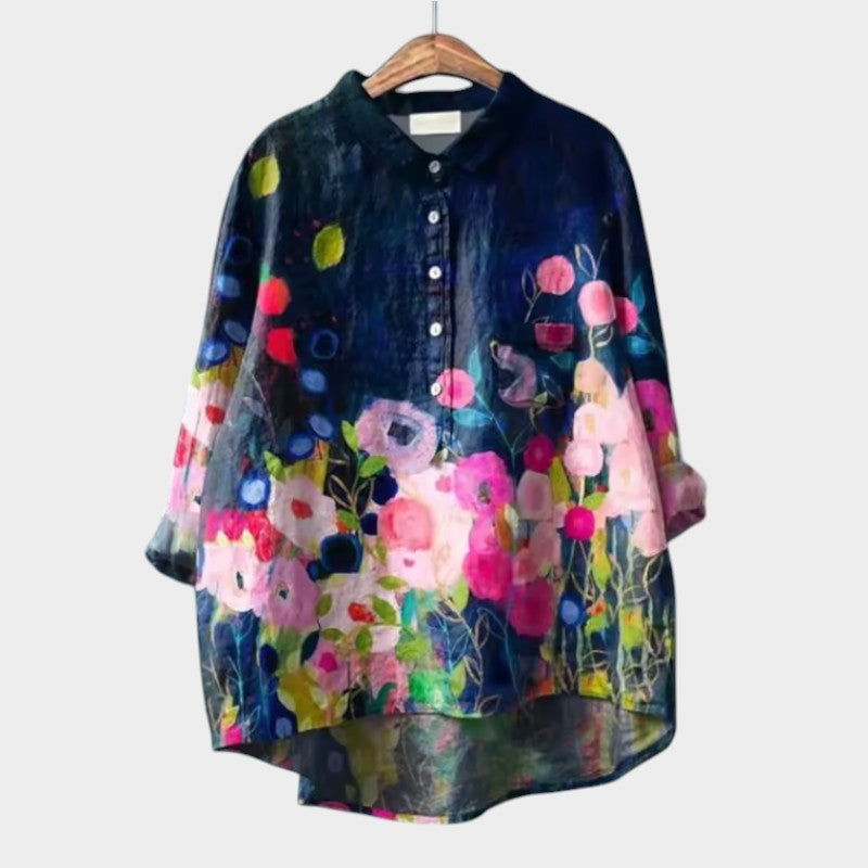 Women's Blouse with Floral Print and Collared Button Placket - Floral Print 3