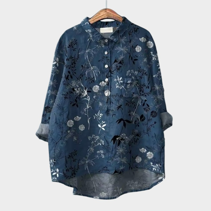 Women's Blouse with Floral Print and Collared Button Placket - Blue