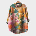 Women's Blouse with Floral Print and Collared Button Placket - Floral Print 1
