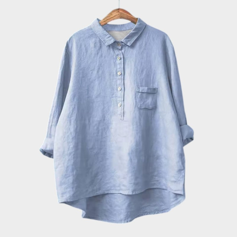 Women's Blouse with Collar and Chest Pocket - Light Blue