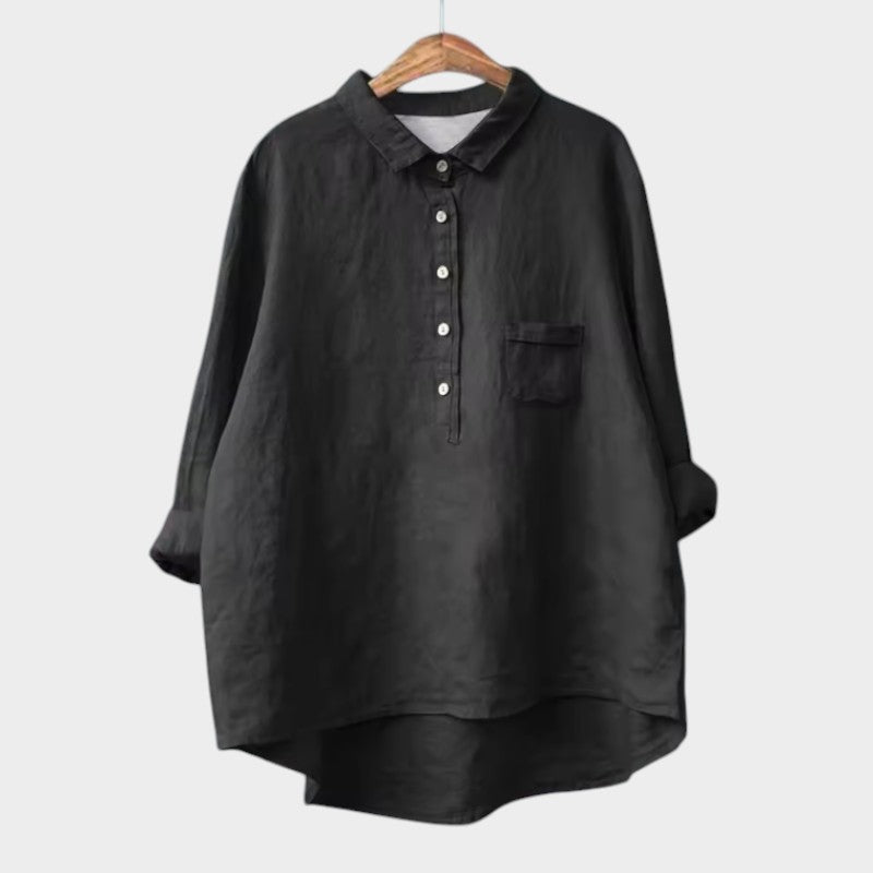 Women's Blouse with Collar and Chest Pocket - Black