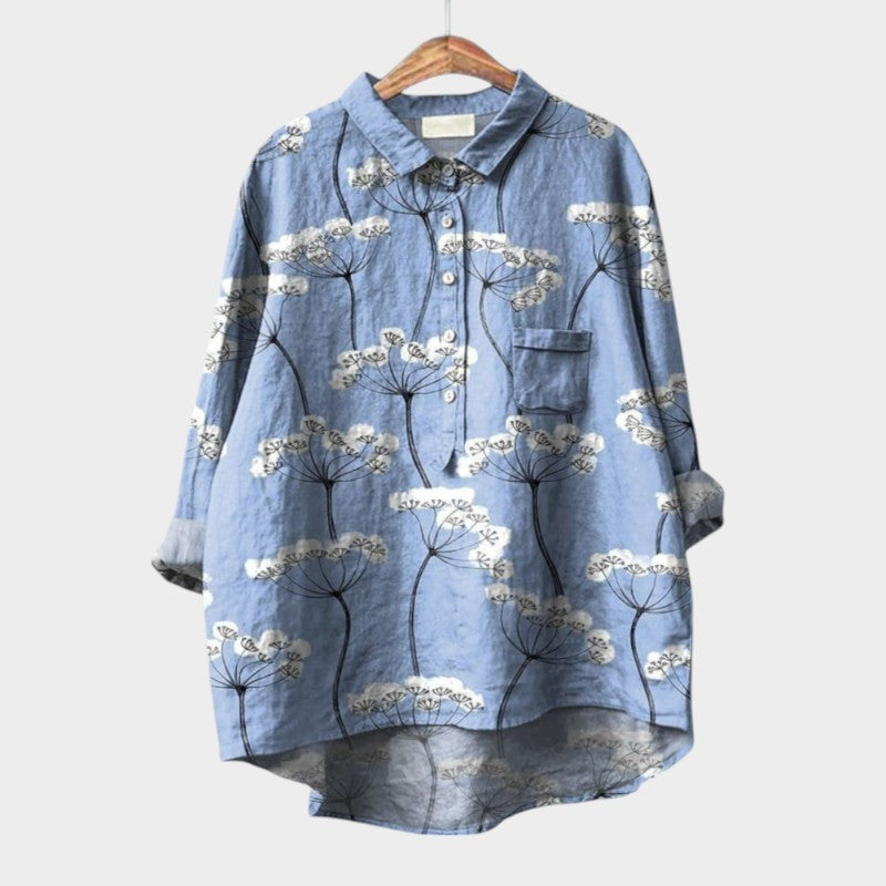 Women's Blouse Long Sleeve with Botanical Print and Round Hem - Pattern 1