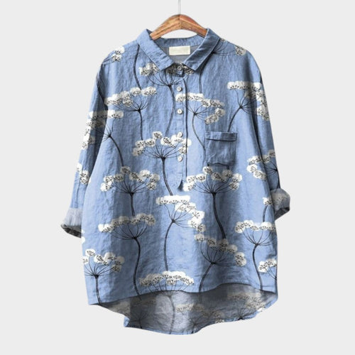 Women's Blouse Long Sleeve with Botanical Print and Round Hem - Pattern 1