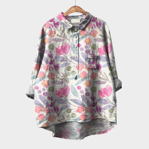 Women's Blouse Long Sleeve with Botanical Print and Round Hem - Pattern 2
