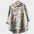 Women's Blouse Long Sleeve with Botanical Print and Round Hem - Pattern 3