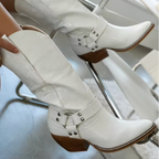 Women's Cowboy Boots with Pointed Toe and Harness Straps - White
