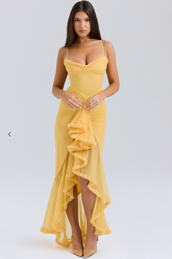 Women's Maxi Dress Ruched with Ruffle Front Slit and Sweetheart Neckline - Yellow