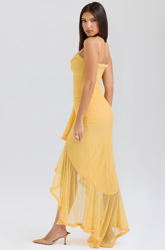 Women's Maxi Dress Ruched with Ruffle Front Slit and Sweetheart Neckline - 11