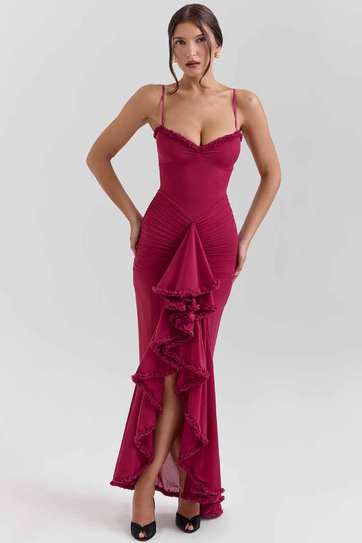 Women's Maxi Dress Ruched with Ruffle Front Slit and Sweetheart Neckline - Burgundy