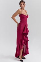 Women's Maxi Dress Ruched with Ruffle Front Slit and Sweetheart Neckline - 14