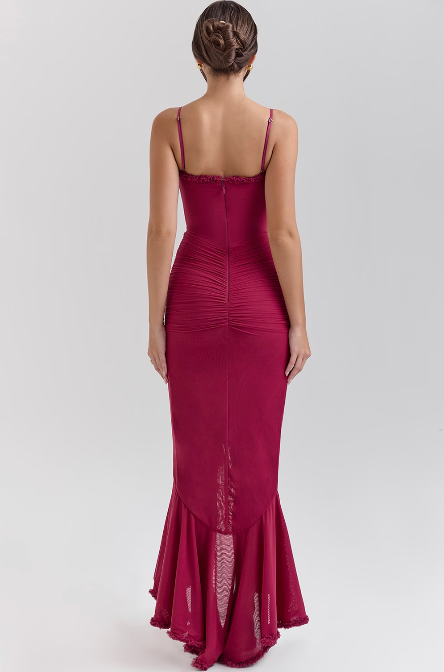 Women's Maxi Dress Ruched with Ruffle Front Slit and Sweetheart Neckline - 15