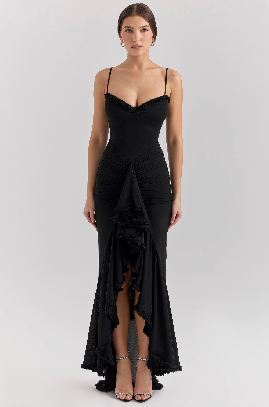 Women's Maxi Dress Ruched with Ruffle Front Slit and Sweetheart Neckline - Black