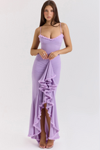 Women's Maxi Dress Ruched with Ruffle Front Slit and Sweetheart Neckline - Purple