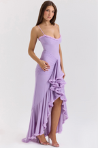 Women's Maxi Dress Ruched with Ruffle Front Slit and Sweetheart Neckline - 12