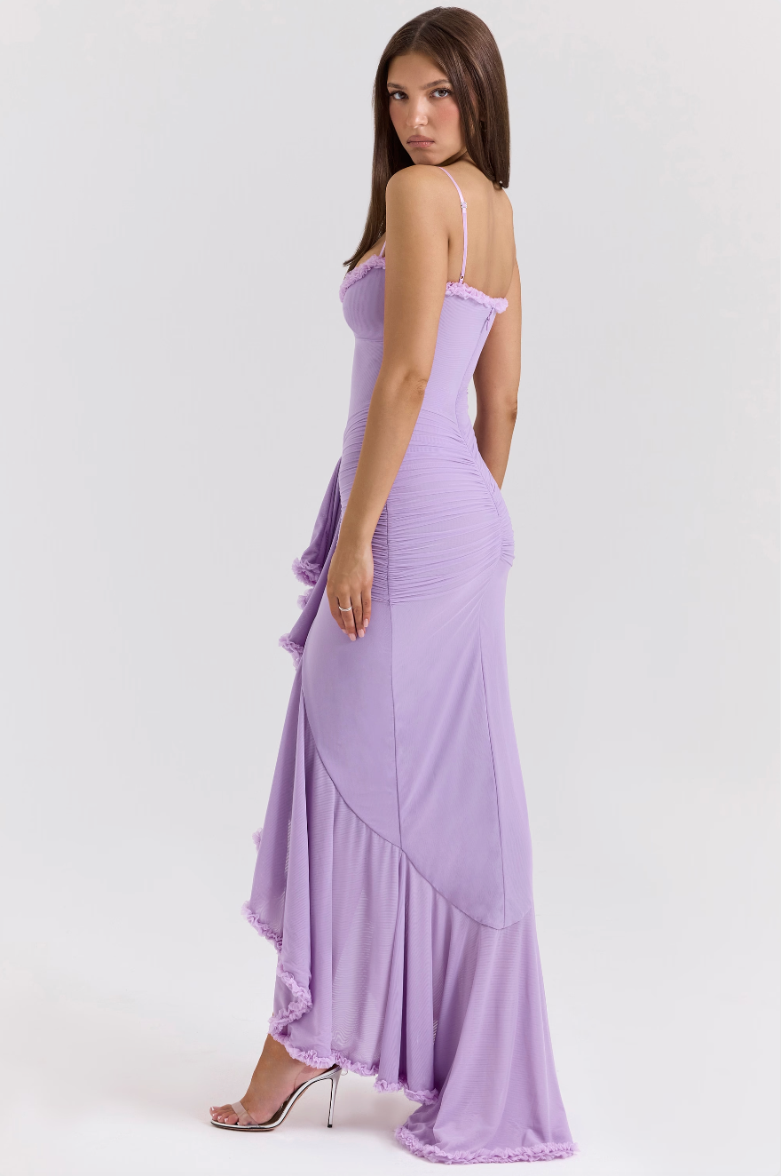 Women's Maxi Dress Ruched with Ruffle Front Slit and Sweetheart Neckline - 13