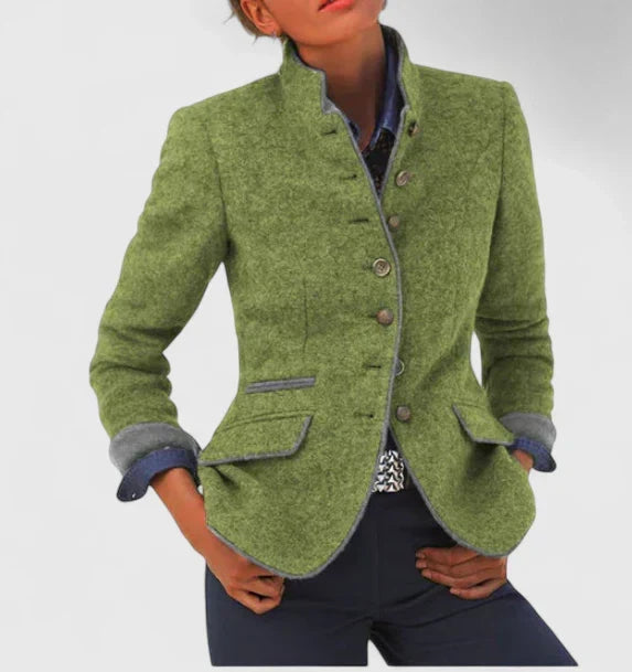 Women's Cardigan with High Collar and Long Sleeves - Green