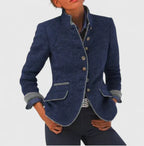 Women's Cardigan with High Collar and Long Sleeves - Blue
