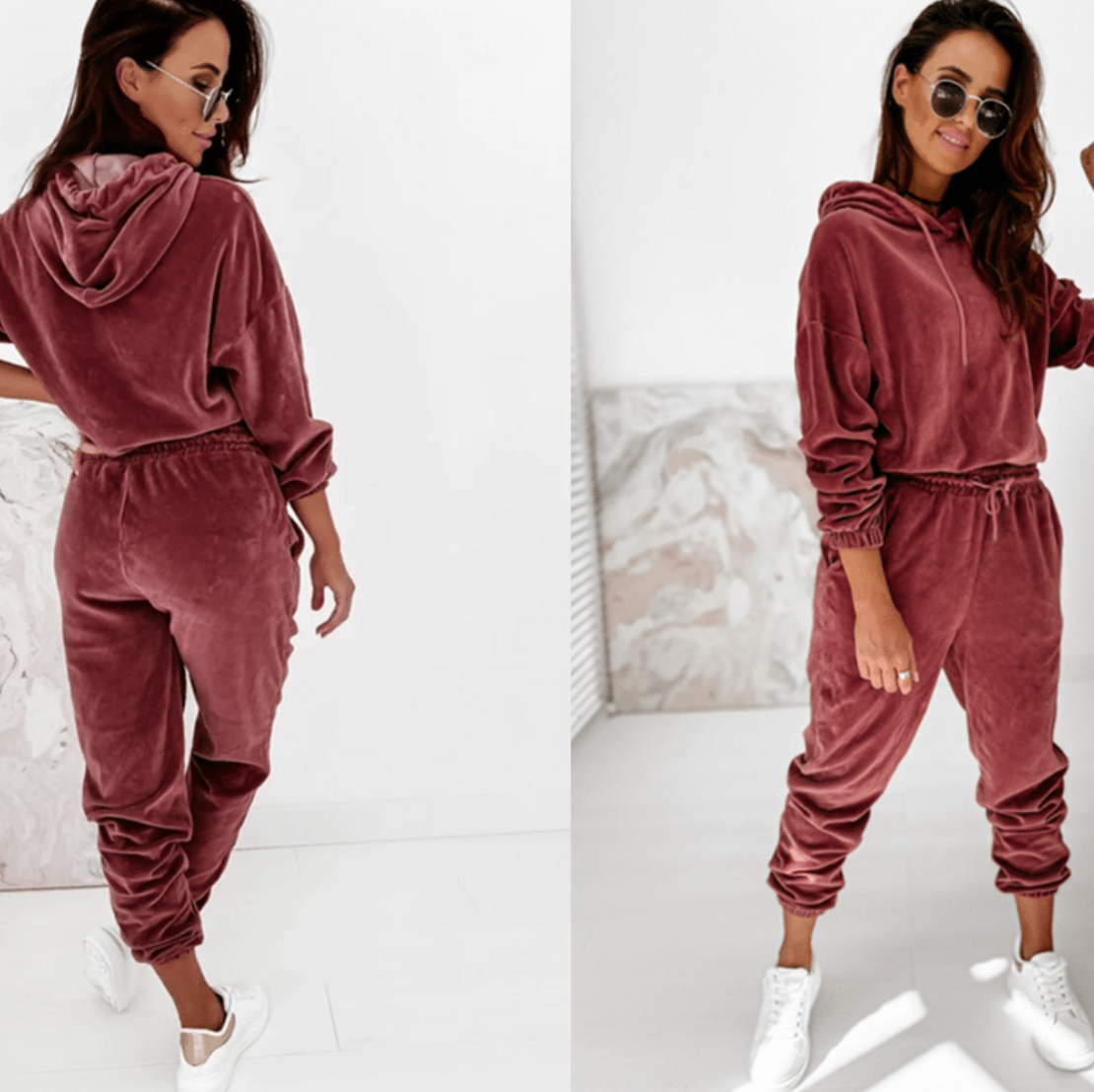 Women's Velour Hoodie and Joggers Set with Drawstring - 3