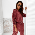 Women's Velour Hoodie and Joggers Set with Drawstring - Burgundy
