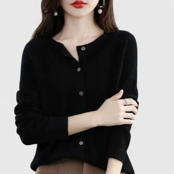 Women's Cardigan with Round Neck and Single-Breasted Button Fastening - Black