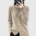 Women's Cardigan with Round Neck and Single-Breasted Button Fastening - Brown