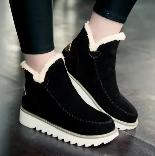 Women's Ankle Boots Slip-On with Fleece Lining and Ridged Sole - Black