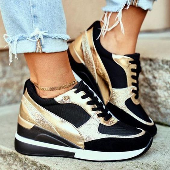 Women's Wedge Sneakers with Metallic Details - Black - Gold