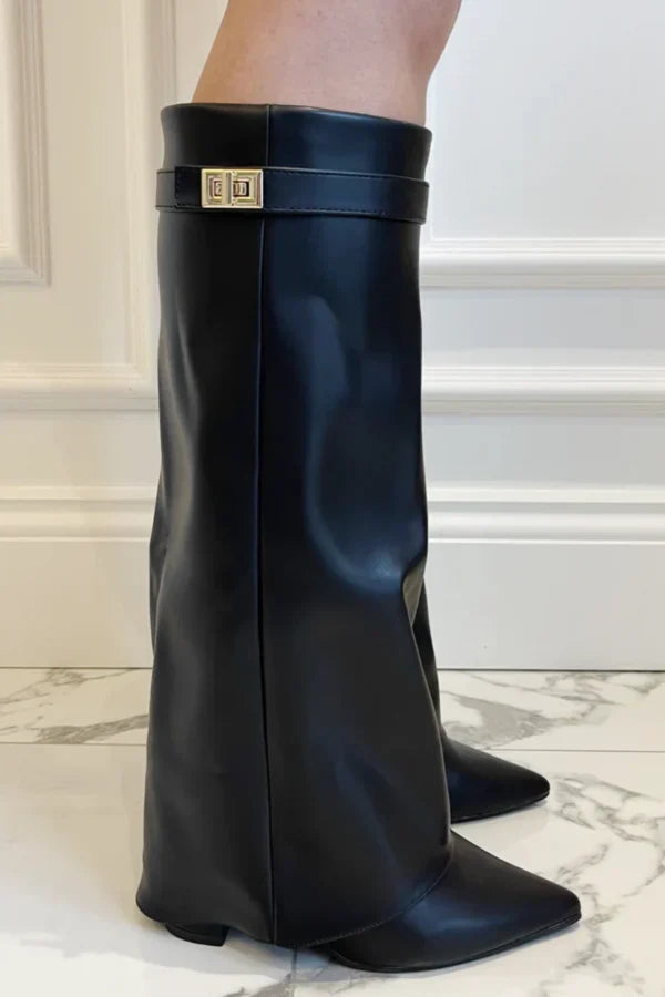 Women's Knee High Boots with Pointed Toe and Straight Shaft - Black Leather